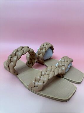 Tan Braided Double-Strap Flat Slide Sandal